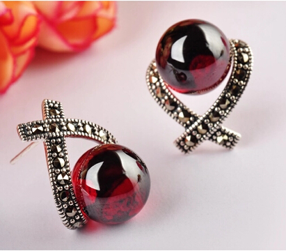 S925 Garnet Or Black Agate Marcasite Shaped Heart Women Earrings